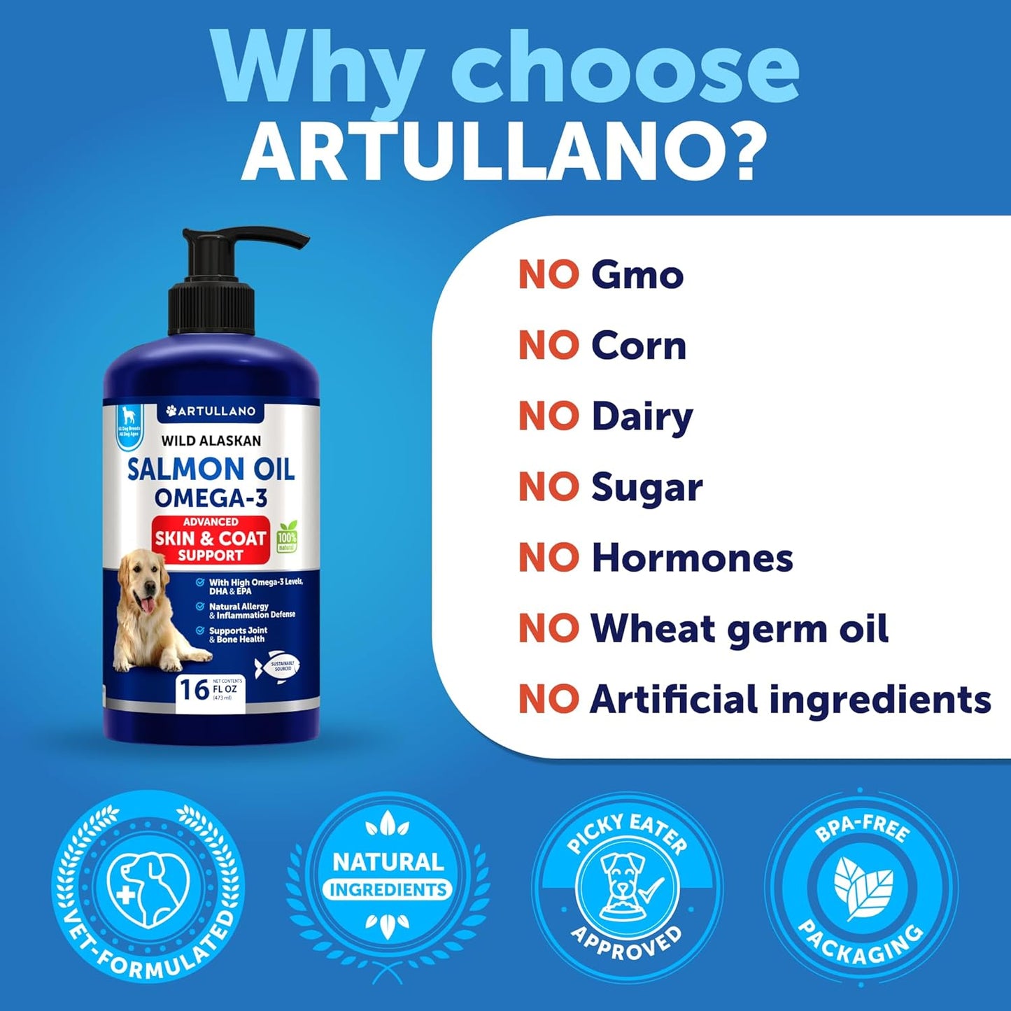 16 FL OZ Artullano Wild Alaskan Salmon Oil for Dogs - Liquid Omega 3 Supplement for Skin, Coat, Joint & Bone Health - Natural EPA & DHA Fatty Acids - Supports Allergy Relief & Shedding - Fish Oil