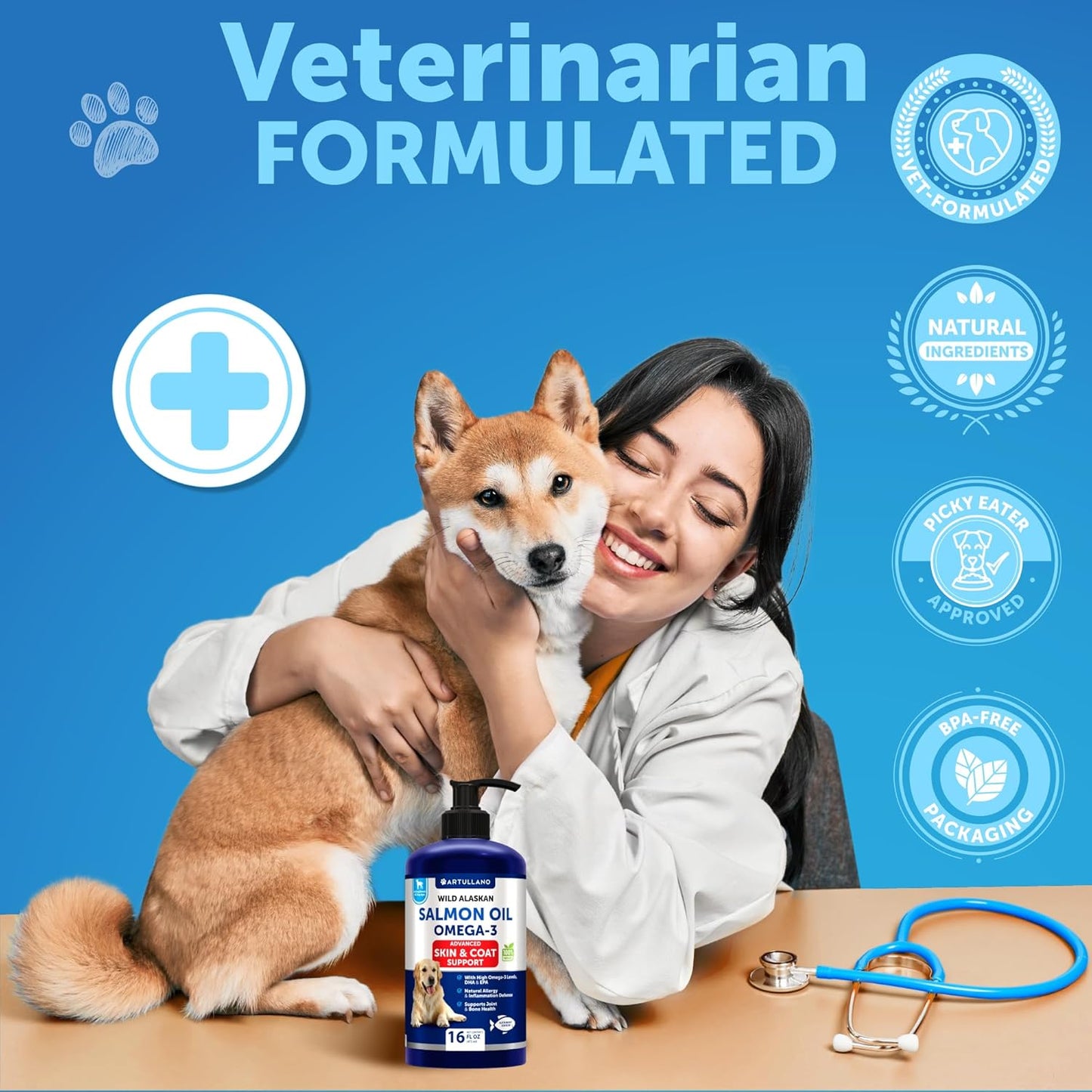 16 FL OZ Artullano Wild Alaskan Salmon Oil for Dogs - Liquid Omega 3 Supplement for Skin, Coat, Joint & Bone Health - Natural EPA & DHA Fatty Acids - Supports Allergy Relief & Shedding - Fish Oil