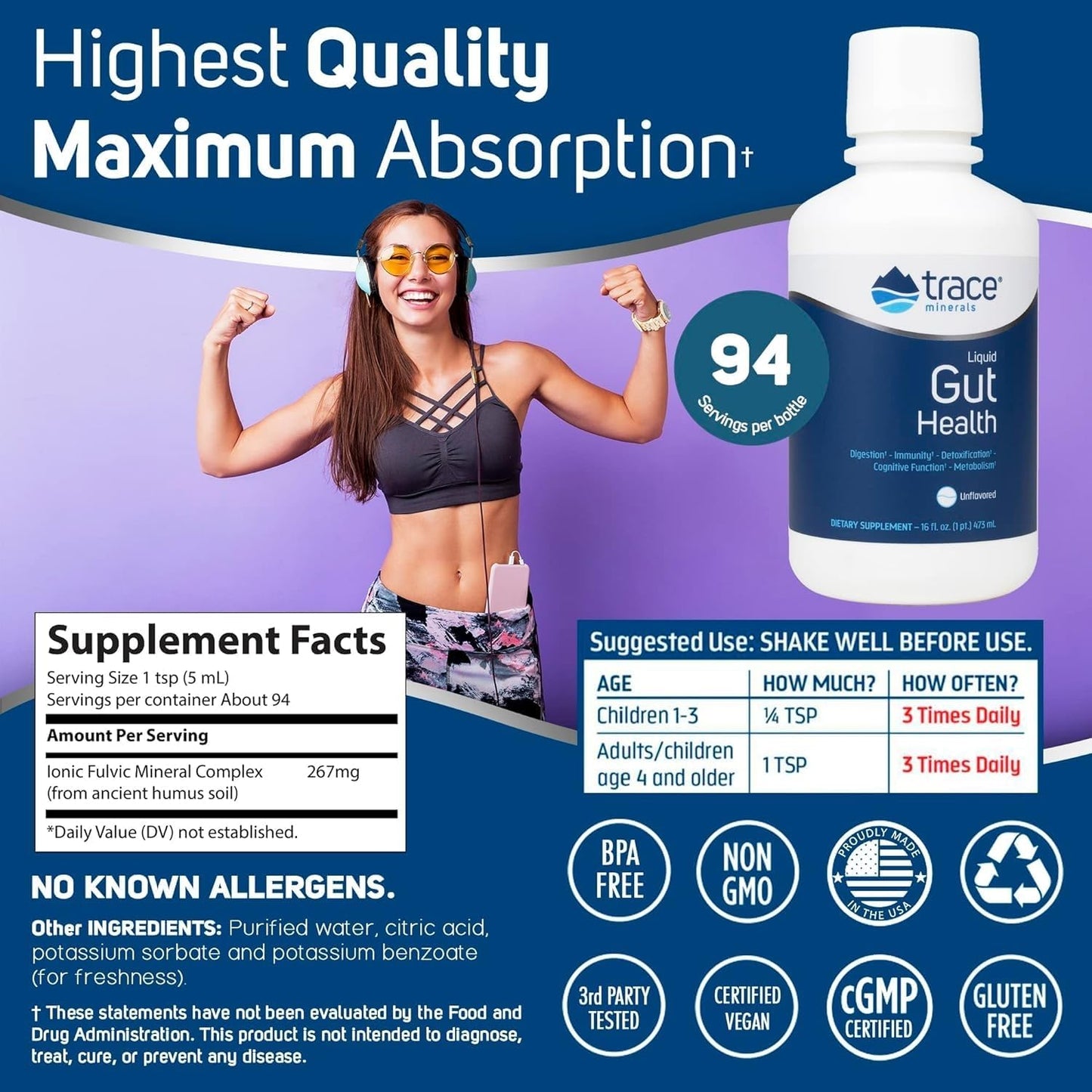 16 fl oz Trace Minerals Gut Health Supplement with Humic & Fulvic Acid - Promotes Gut Lining, Digestive Health, Immune System - Unflavored, 94 Servings