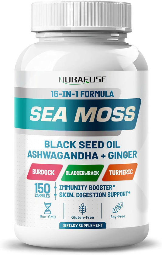 16-in-1 NURAFUSE Sea Moss Black Seed Oil Ashwagandha Ginger Formula with Burdock, Bladderwrack, Turmeric - Non-GMO, Gluten-Free, Soy-Free