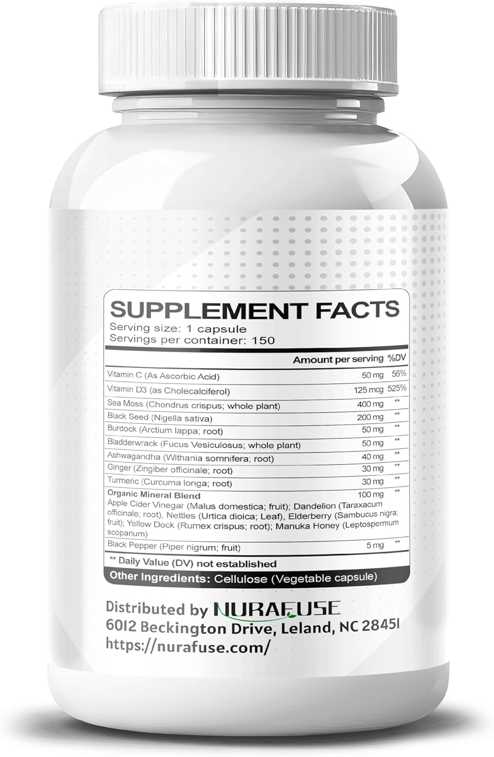 16-in-1 NURAFUSE Sea Moss Black Seed Oil Ashwagandha Ginger Formula with Burdock, Bladderwrack, Turmeric - Non-GMO, Gluten-Free, Soy-Free