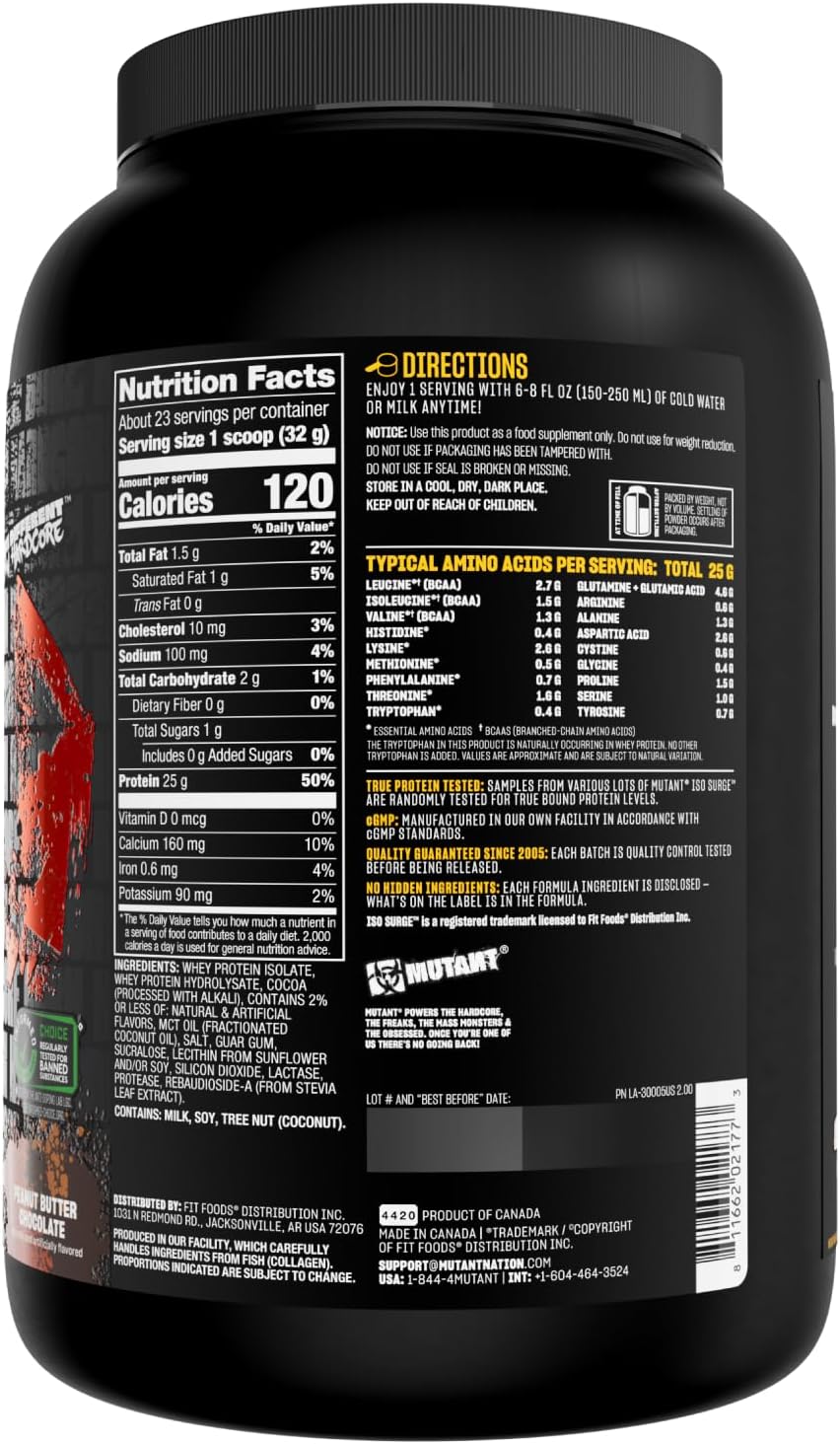 1.6 lb Mutant ISO Surge Whey Protein Isolate Powder - Fast-Acting Recovery for Muscle Growth & Strength (Peanut Butter Chocolate)