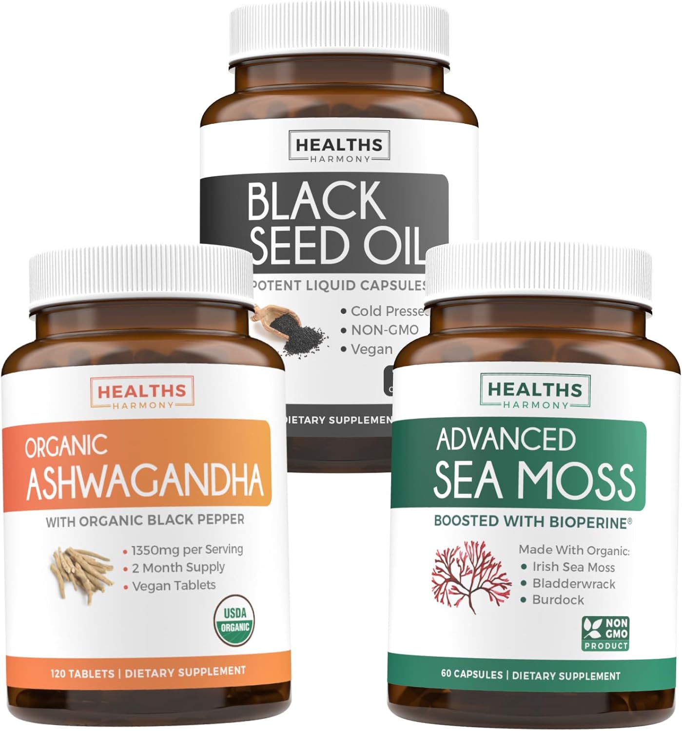 16% Off Harmony Essentials Trio Bundle: Black Seed Oil, Ashwagandha, Irish Sea Moss - Organic Wellness Supplements for Adrenal & Thyroid Support