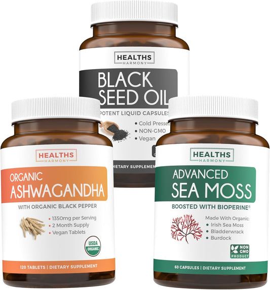 16% Off Harmony Essentials Trio Bundle: Black Seed Oil, Ashwagandha, Irish Sea Moss - Organic Wellness Supplements for Adrenal & Thyroid Support