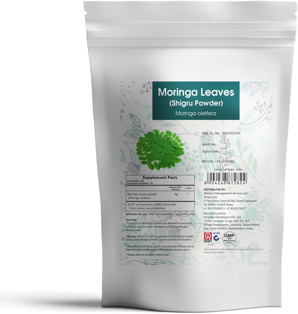 16 Ounce AYURFOREST Moringa Oleifera Leaf Powder for Drinks and Smoothies