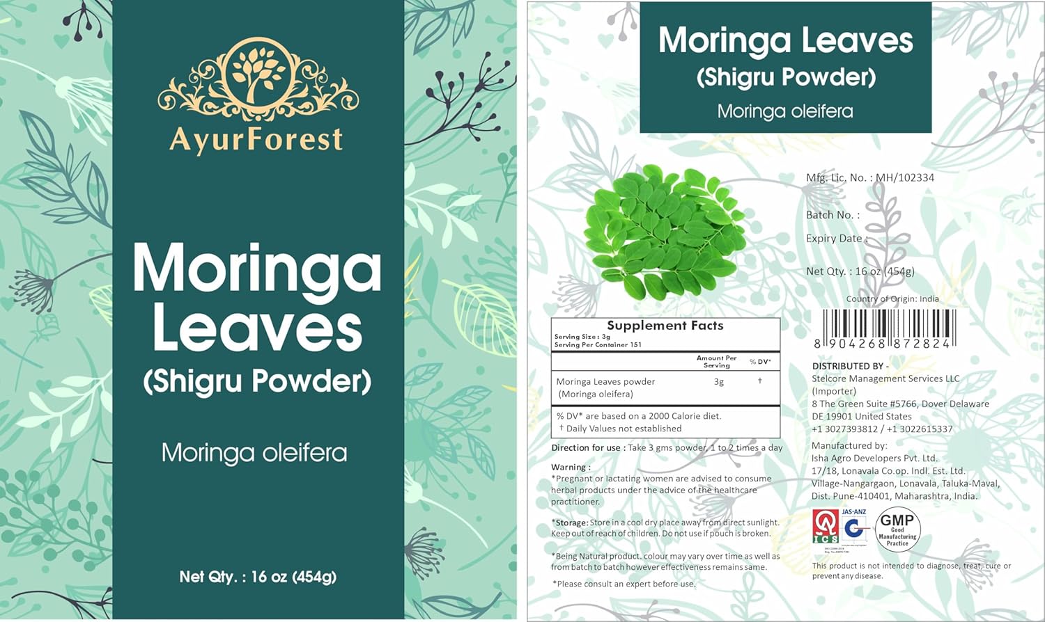 16 Ounce AYURFOREST Moringa Oleifera Leaf Powder for Drinks and Smoothies