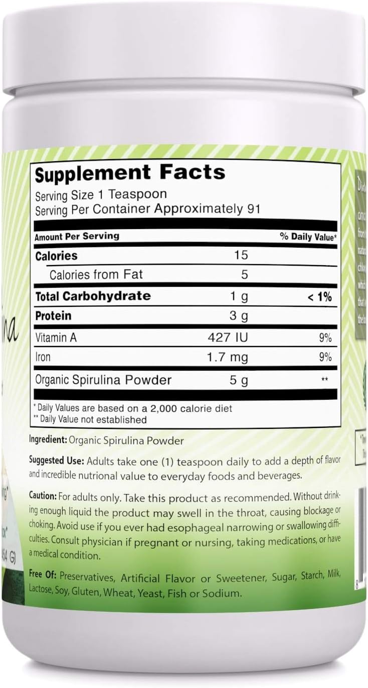 16 oz Amazing India Organic Spirulina Powder (Non-GMO) - Supports Cell Regeneration, Immune Health, Detox & Wellness - 454 gm