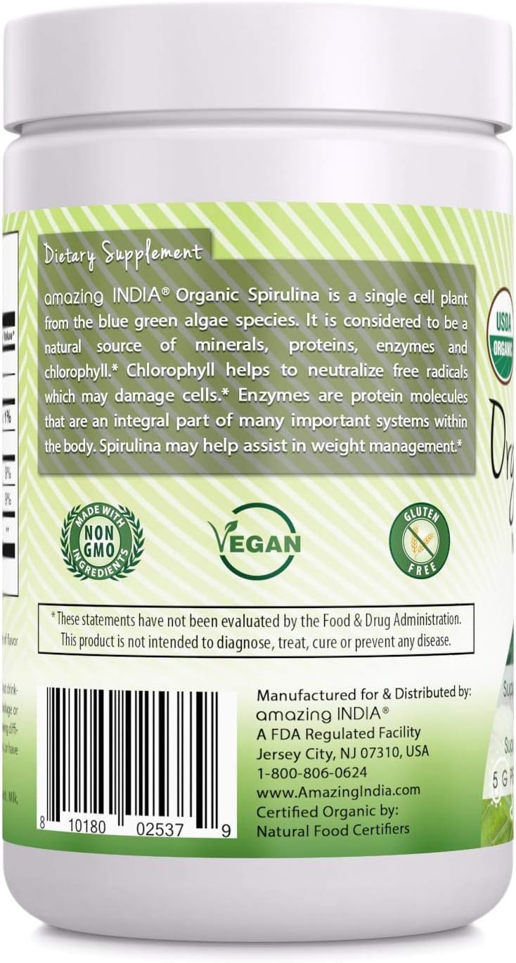 16 oz Amazing India Organic Spirulina Powder (Non-GMO) - Supports Cell Regeneration, Immune Health, Detox & Wellness - 454 gm