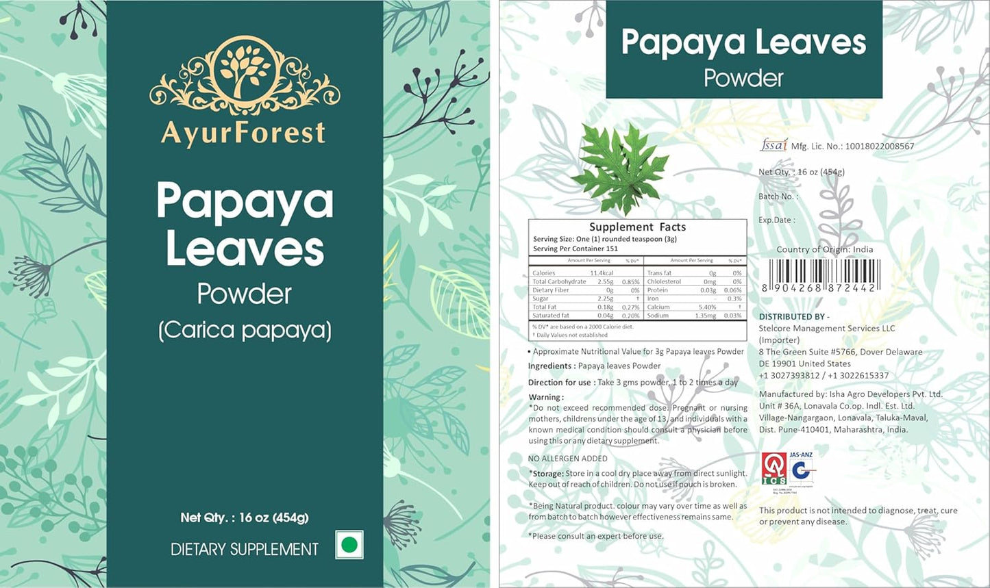 16 oz AYURFOREST Dried Papaya Leaf Powder - Carica Papaya Herbal Supplement - 454g