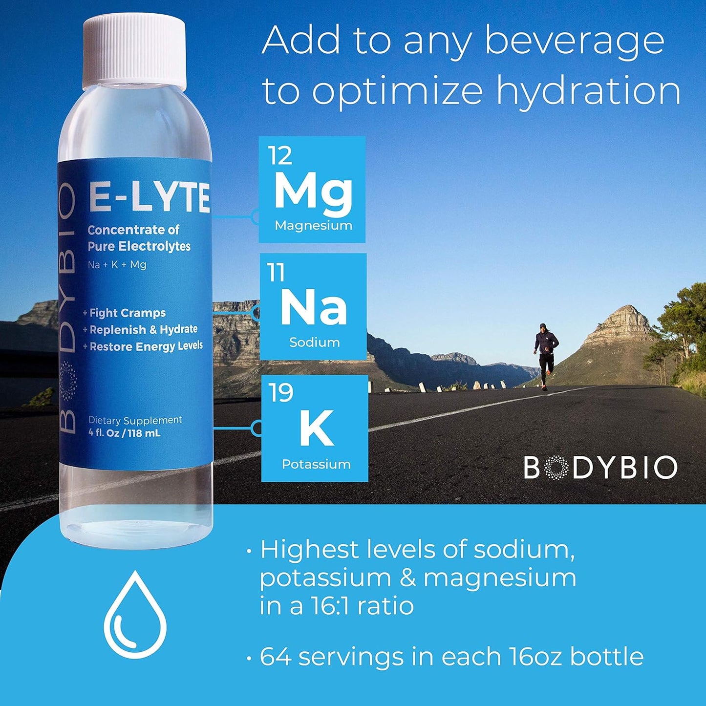 16 oz BodyBio Electrolytes Liquid Concentrate with Magnesium, Potassium, Sodium - Sugar-Free Keto Hydration Drink for Dehydration Recovery and Cramp Relief