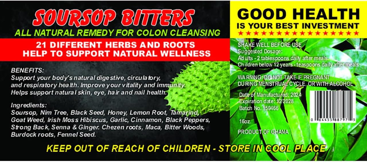 16 oz. Bottle of Soursop Bitters - Premium Quality - Large Size Bottle