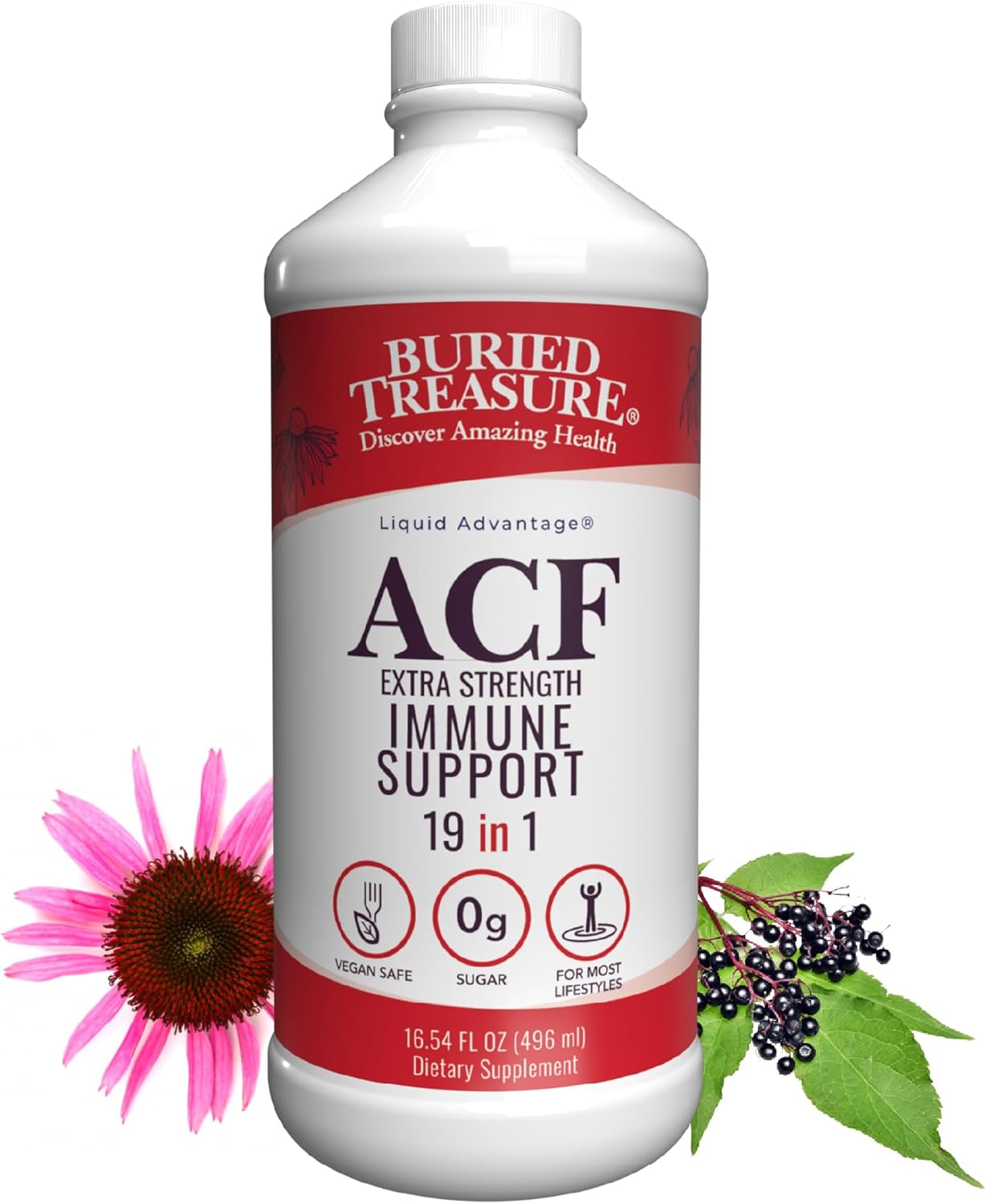 16 oz Buried Treasure ACF Extra Strength Immune Support Liquid Dietary Supplement - Elderberry, Vitamin C, Zinc, Herbal Formula - 16 Servings