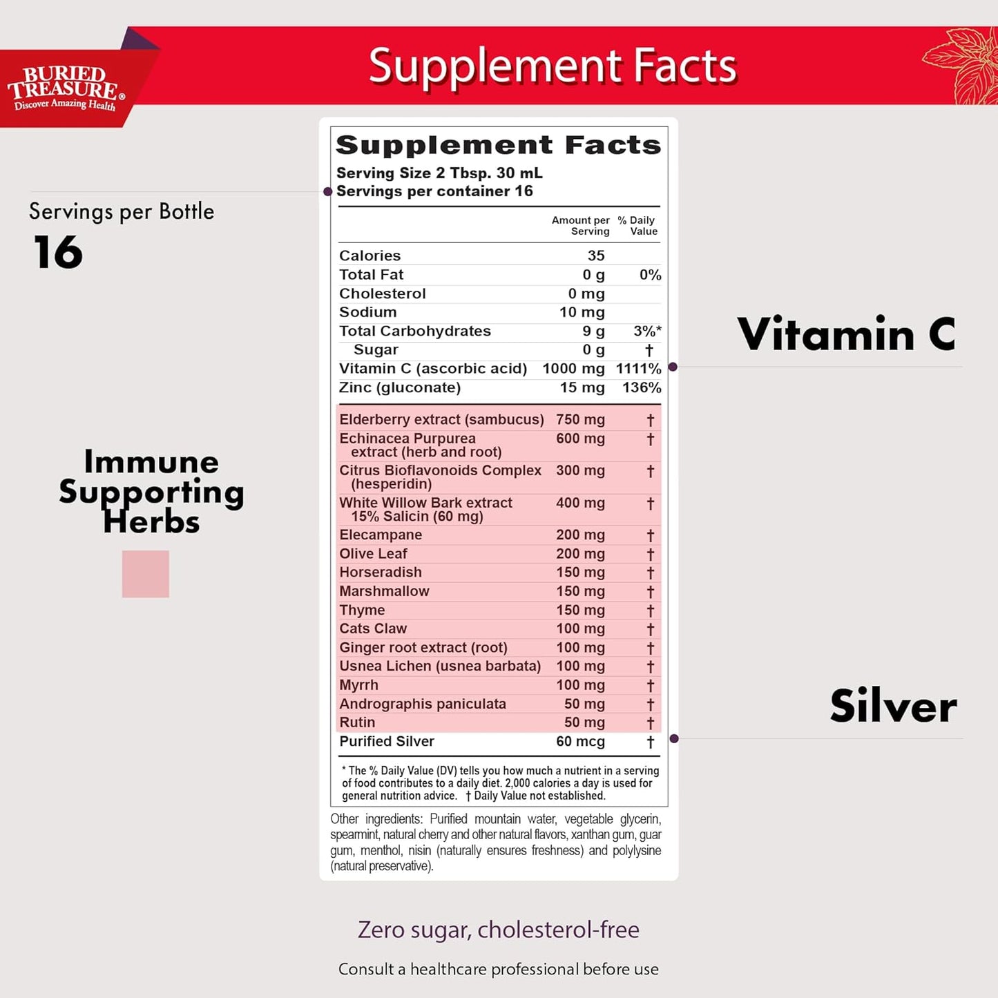 16 oz Buried Treasure ACF Extra Strength Immune Support Liquid Dietary Supplement - Elderberry, Vitamin C, Zinc, Herbal Formula - 16 Servings