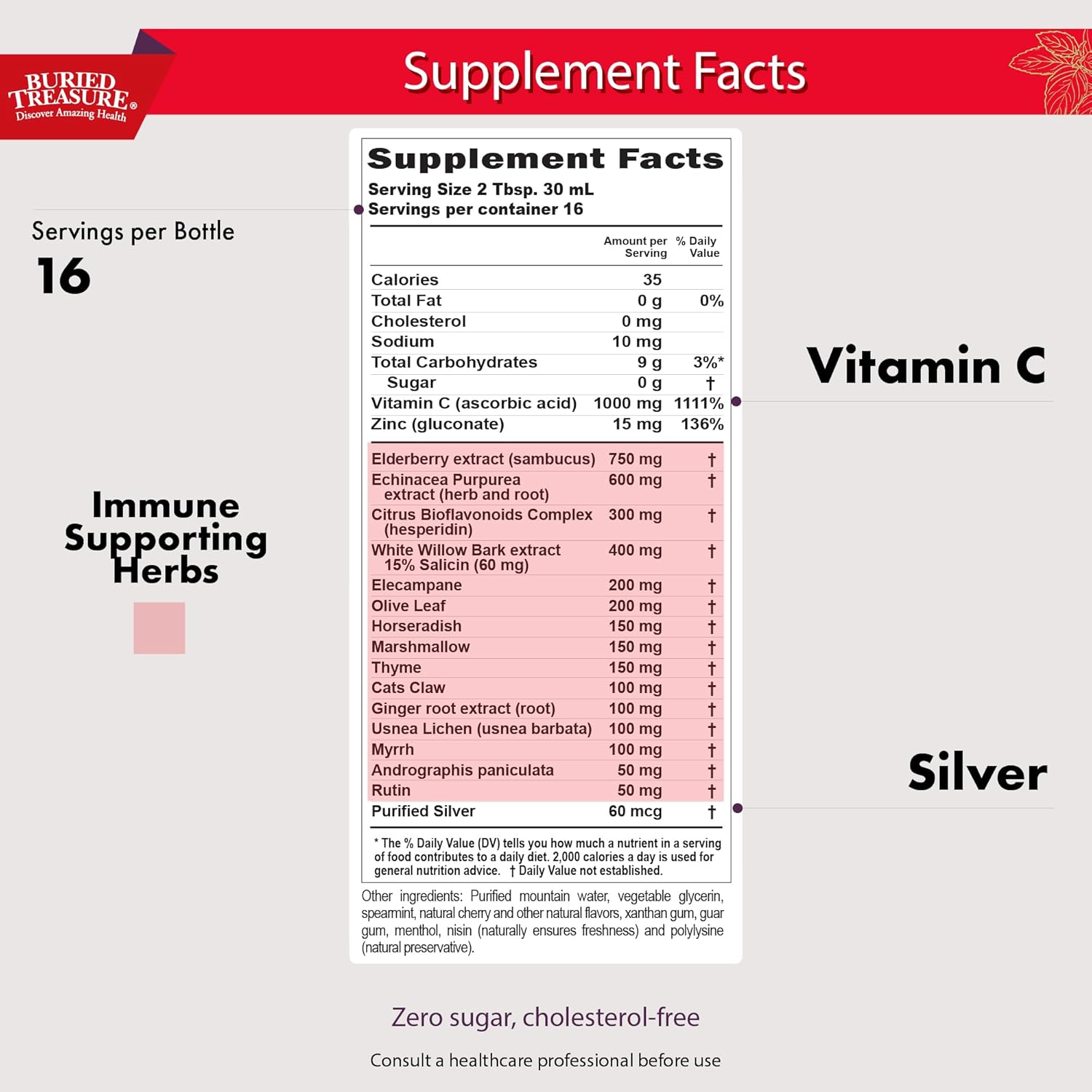 16 oz Buried Treasure ACF Extra Strength Immune Support Liquid Dietary Supplement - Elderberry, Vitamin C, Zinc, Herbal Formula - 16 Servings