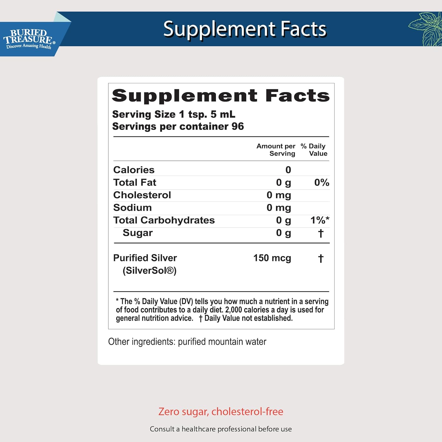 16 oz. Buried Treasure Purified Silver Liquid: Non-Accumulative Nano Silver Spray & Dietary Immune Supplement - 30 PPM, 96 Servings
