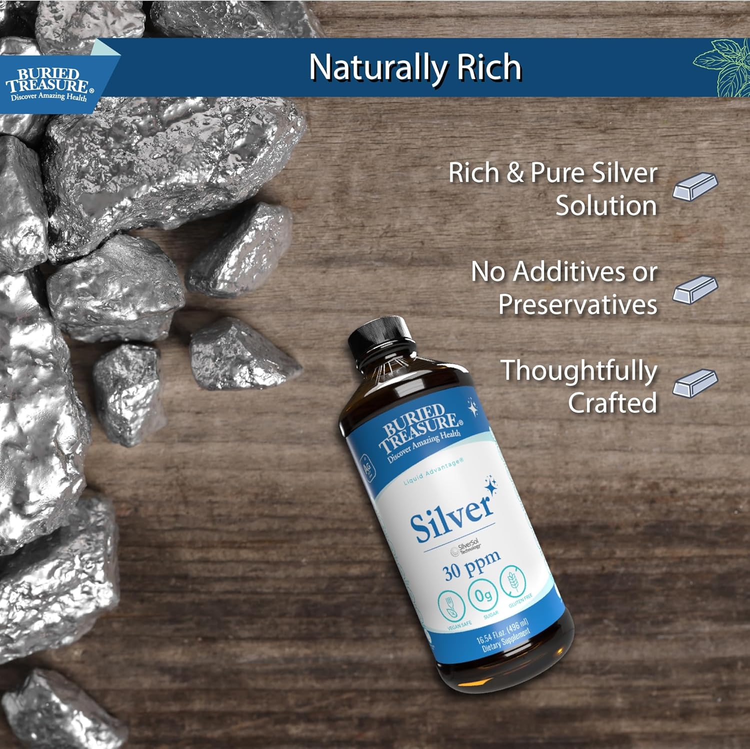 16 oz. Buried Treasure Purified Silver Liquid: Non-Accumulative Nano Silver Spray & Dietary Immune Supplement - 30 PPM, 96 Servings