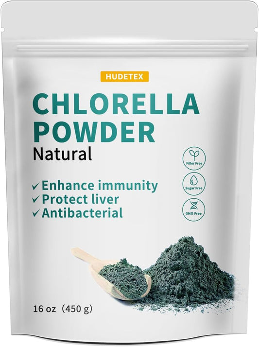 16 oz Hudetex Chlorella Powder: Natural Chlorophyll for Immune System, Liver Health, Youth, Vegan Protein & Vitamins