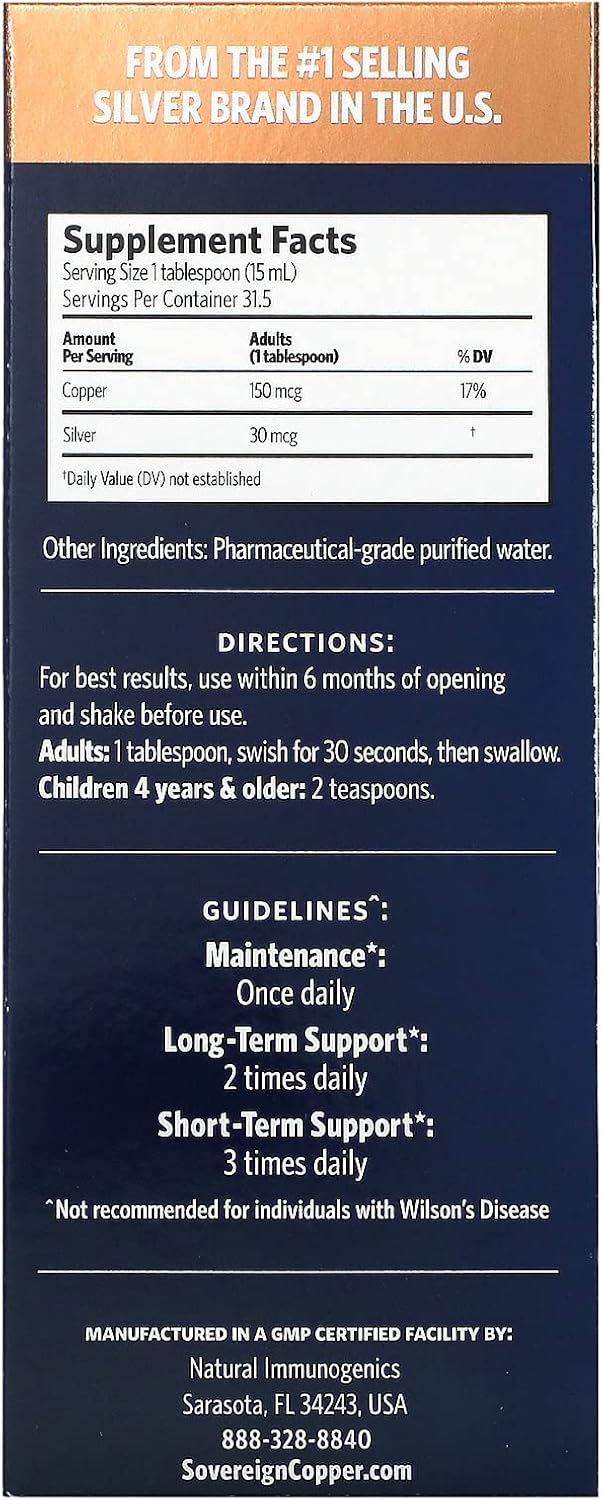 16 oz Liquid Sovereign Silver Natural Immunogenics Bio-Active Copper Hydrosol with 10 ppm