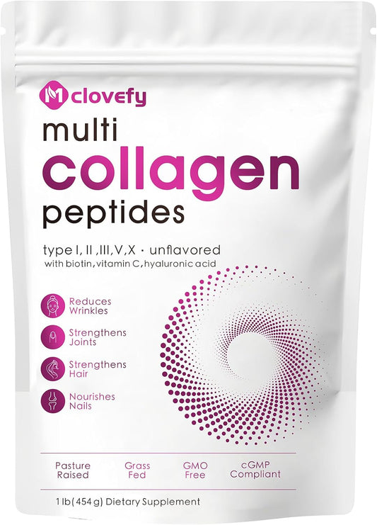 16 Oz Mclovefy Multi Collagen Peptides Powder - Type I, II, III, V, X Protein Supplement with Hyaluronic Acid, Vitamin C, Biotin - Unflavored, Easy Mixing for Drinks