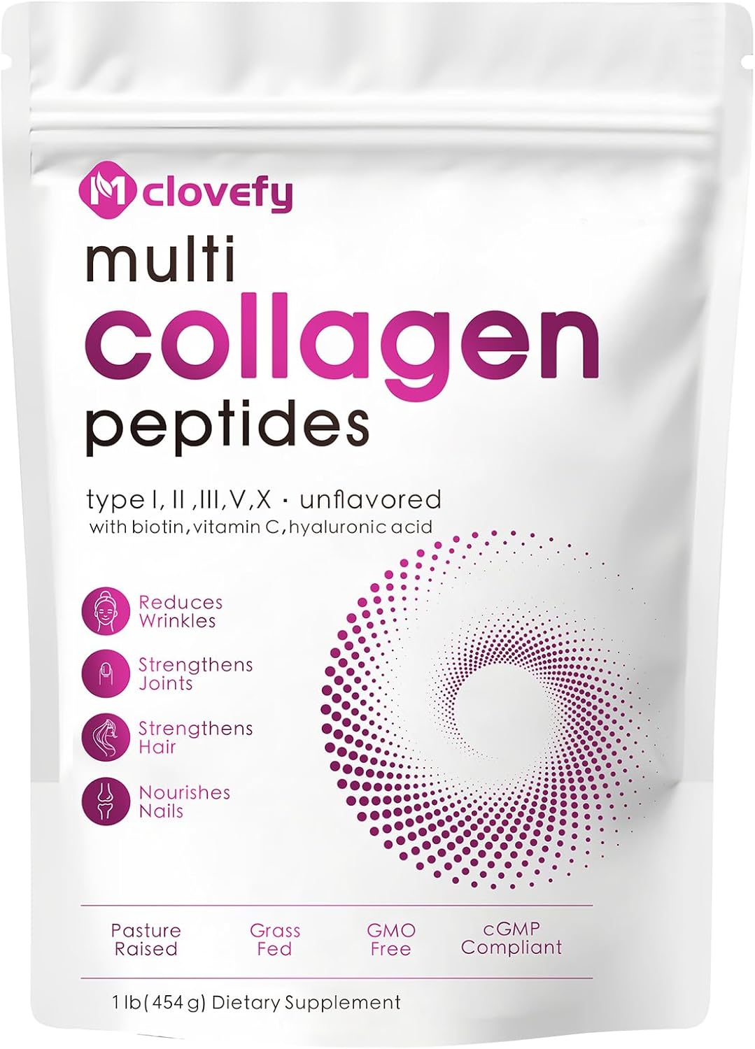 16 Oz Mclovefy Multi Collagen Peptides Powder - Type I, II, III, V, X Protein Supplement with Hyaluronic Acid, Vitamin C, Biotin - Unflavored, Easy Mixing for Drinks