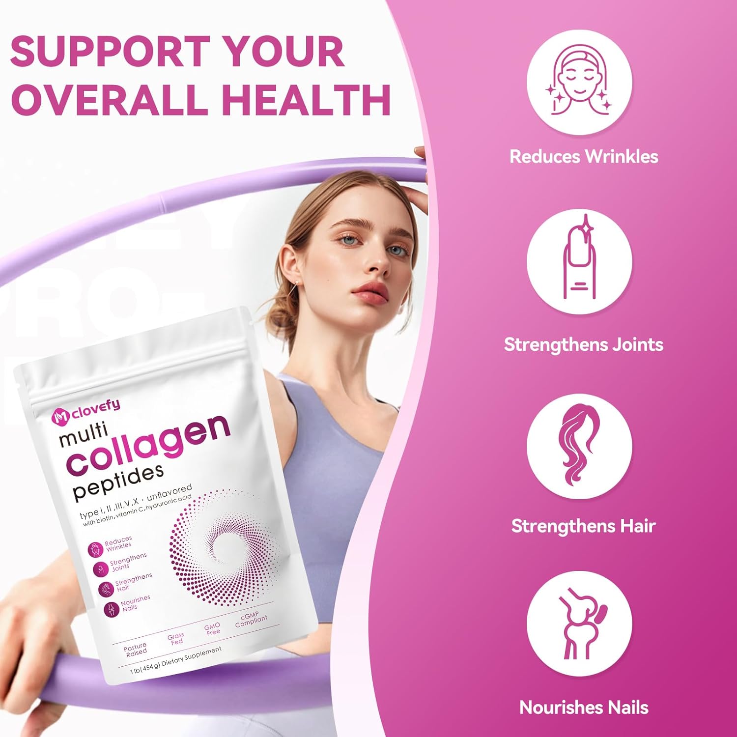 16 Oz Mclovefy Multi Collagen Peptides Powder - Type I, II, III, V, X Protein Supplement with Hyaluronic Acid, Vitamin C, Biotin - Unflavored, Easy Mixing for Drinks