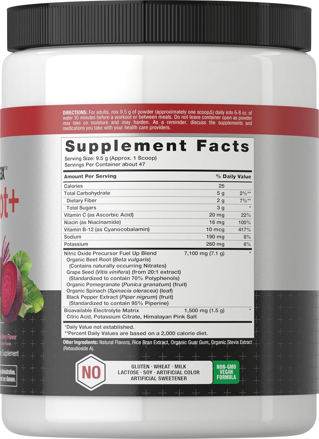 16 oz Mixed Berry Flavored Nitric Oxide Beet Root Powder Supplement with Nitrates - Vegan, Non-GMO, Gluten Free