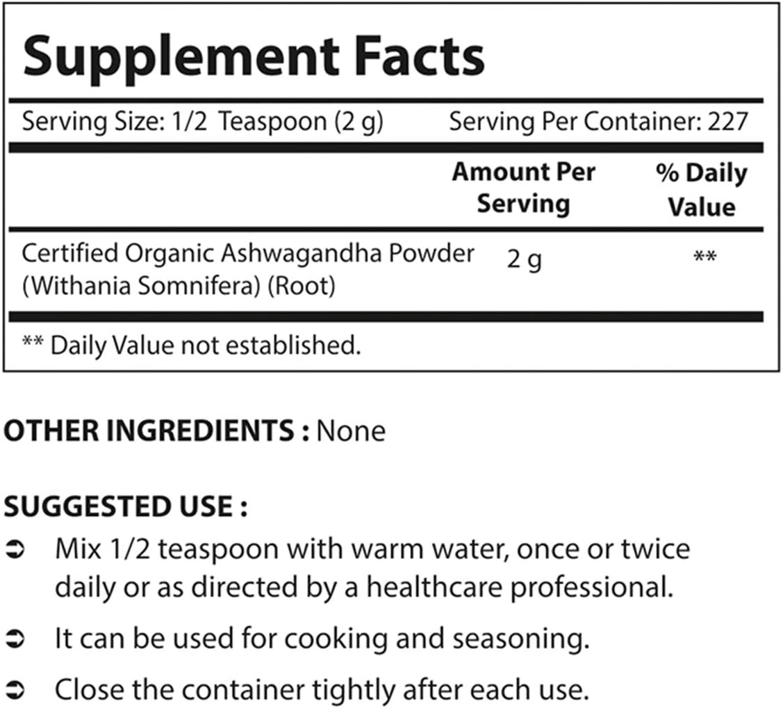 16 OZ Nova Nutritions Certified Organic Ashwagandha Powder - Withania Somnifera Supplement