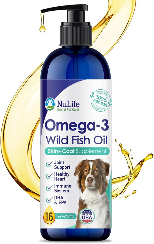 16 oz NuLife Natural Pet Health Liquid Fish Oil with Omega 3, 6 & 9 - Skin & Coat Supplement for Dogs - Wild Caught from Iceland - Supports Heart and Brain Health, Reduces Shedding and Itchy Skin