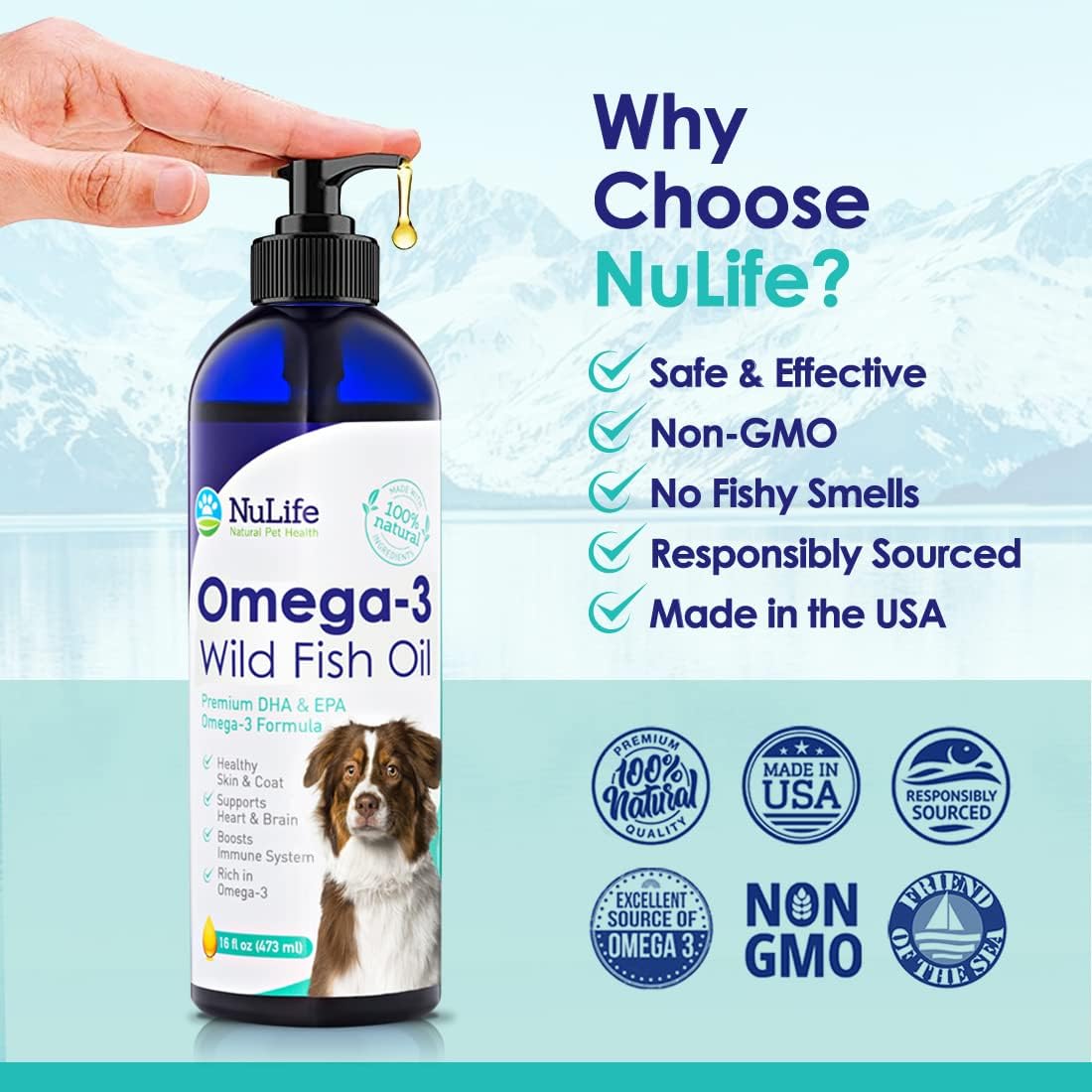 16 oz NuLife Natural Pet Health Liquid Fish Oil with Omega 3, 6 & 9 - Skin & Coat Supplement for Dogs - Wild Caught from Iceland - Supports Heart and Brain Health, Reduces Shedding and Itchy Skin
