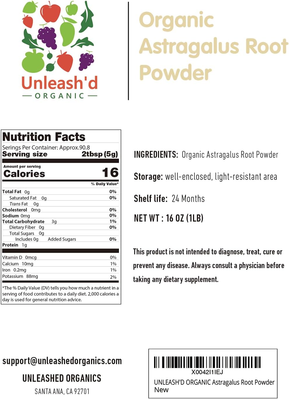 16 oz Organic Astragalus Root Powder - 100% Pure Natural Immune Support for Wellness, Raw & Non-GMO