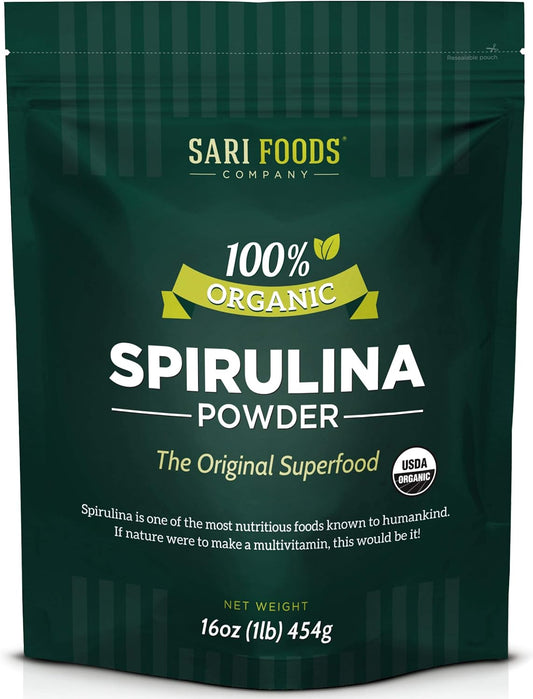16 oz Organic Spirulina Powder - Vegan Source of Folate, Vitamin B12, Iron, Omega Fatty Acids, Amino Acids, and More
