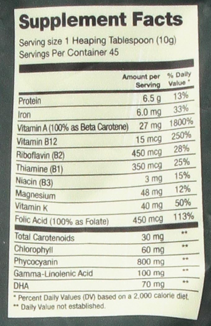 16 oz Organic Spirulina Powder - Vegan Source of Folate, Vitamin B12, Iron, Omega Fatty Acids, Amino Acids, and More