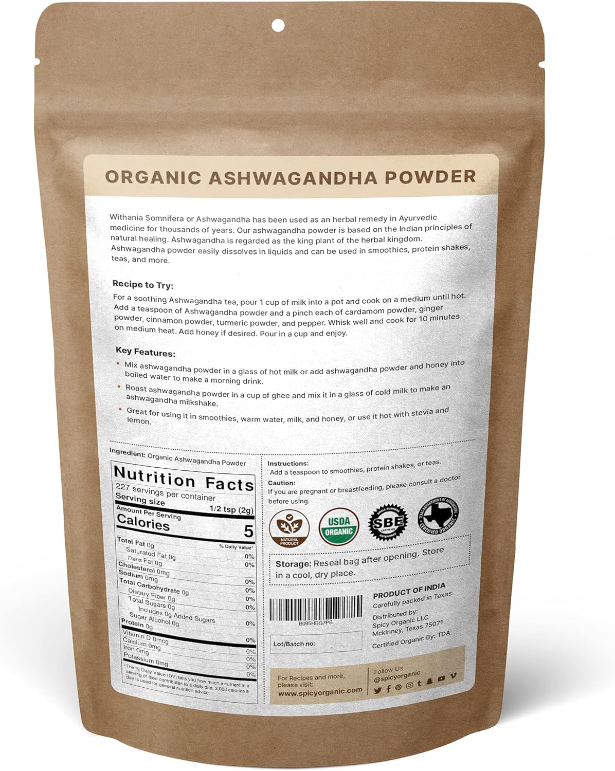 16 oz Spicy Organic Ashwagandha Root Powder - Pure Raw Indian Ginseng - USDA Certified Organic - Non-GMO - Versatile Supplement