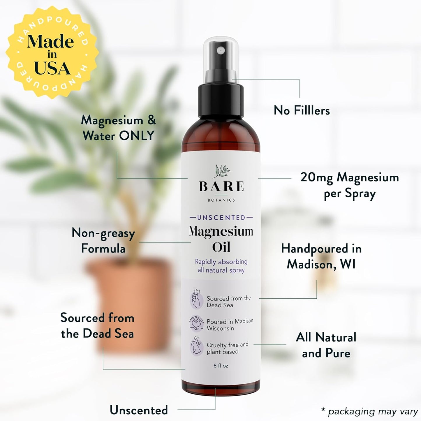 16 oz Unscented Magnesium Oil Spray from The Dead Sea | Handpoured in Madison, WI | Rapid Absorption for Sleep & Muscle Relief