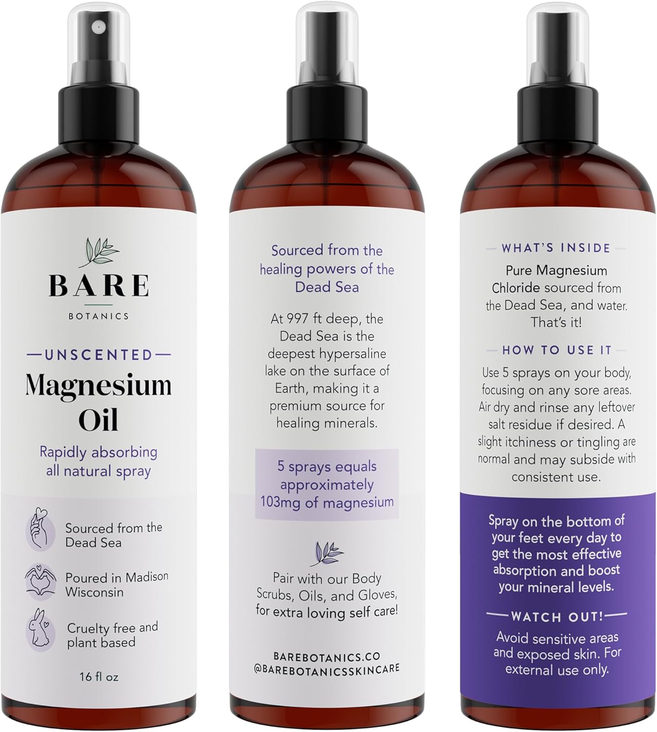 16 oz Unscented Magnesium Oil Spray from The Dead Sea | Handpoured in Madison, WI | Rapid Absorption for Sleep & Muscle Relief