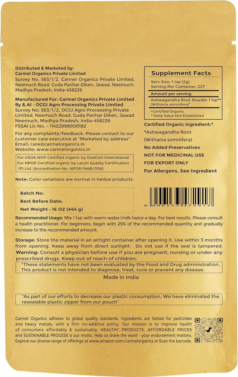 16 Oz USDA Certified Organic Ashwagandha Root Powder from India | Lab Tested, Non GMO, Gluten Free | Eco Friendly Packaging