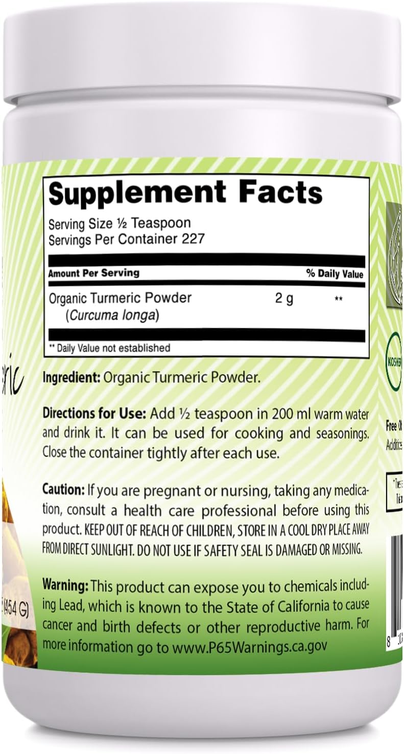 16 Oz USDA Certified Organic Turmeric Powder - Non-GMO, Gluten Free, Made in USA - High Quality Indian Supplement