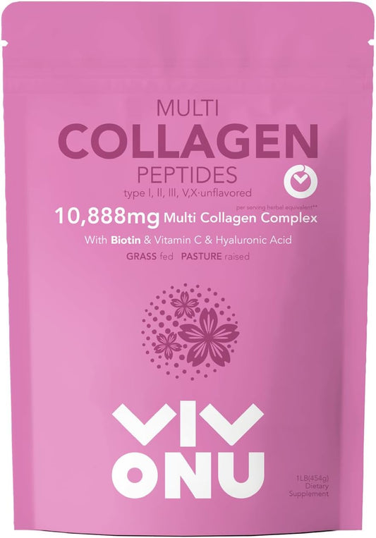 16 Oz VivoNu Multi Collagen Peptides Powder - Hydrolyzed Protein Peptides for Easy Mixing | Types I, II, III, V, X with Hyaluronic Acid, Biotin & Vitamin C | Unflavored Keto & Paleo Friendly