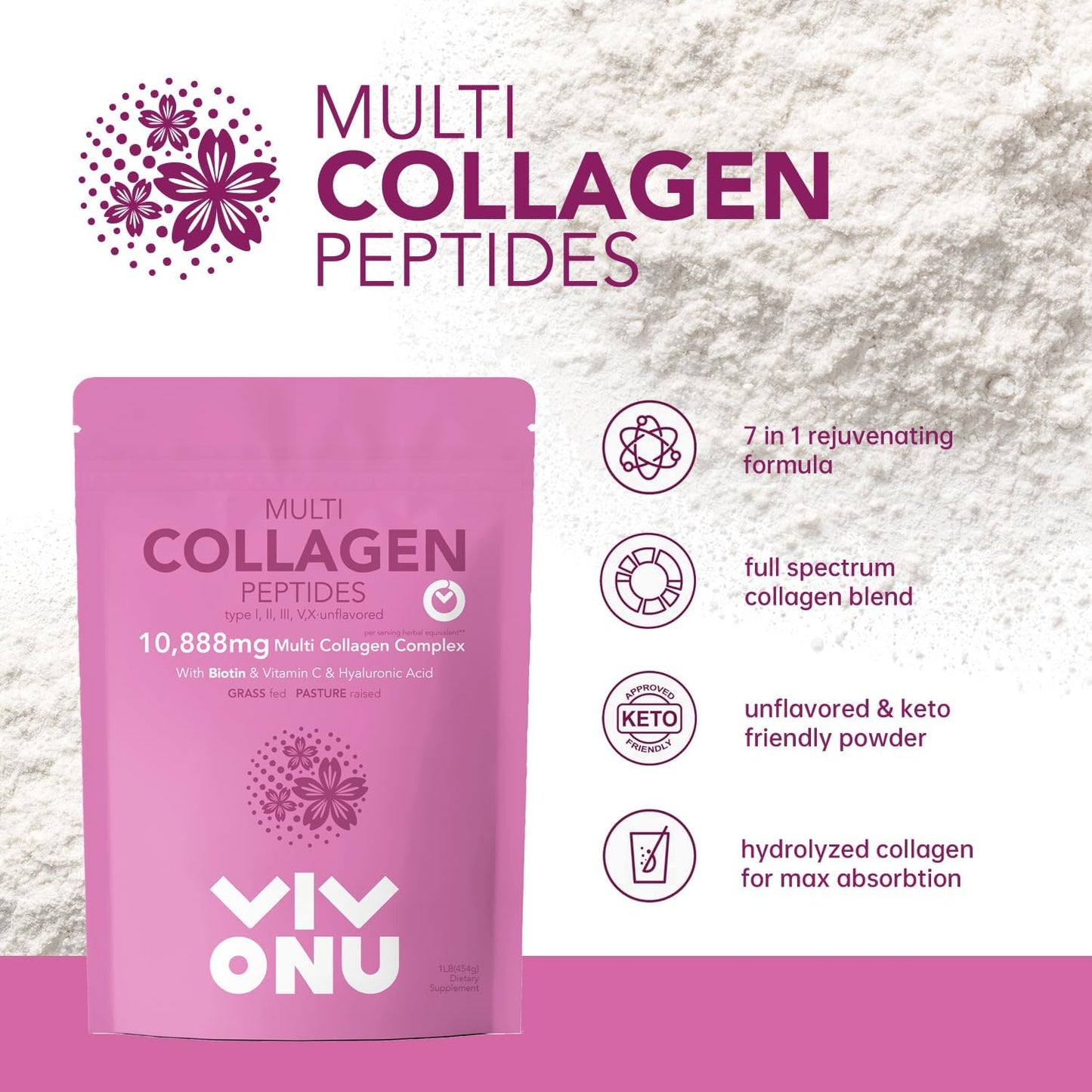 16 Oz VivoNu Multi Collagen Peptides Powder - Hydrolyzed Protein Peptides for Easy Mixing | Types I, II, III, V, X with Hyaluronic Acid, Biotin & Vitamin C | Unflavored Keto & Paleo Friendly