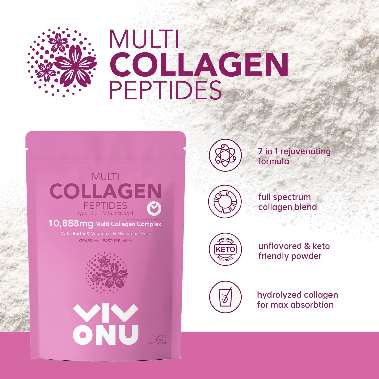 16 Oz VivoNu Multi Collagen Peptides Powder - Hydrolyzed Protein Peptides for Easy Mixing | Types I, II, III, V, X with Hyaluronic Acid, Biotin & Vitamin C | Unflavored Keto & Paleo Friendly