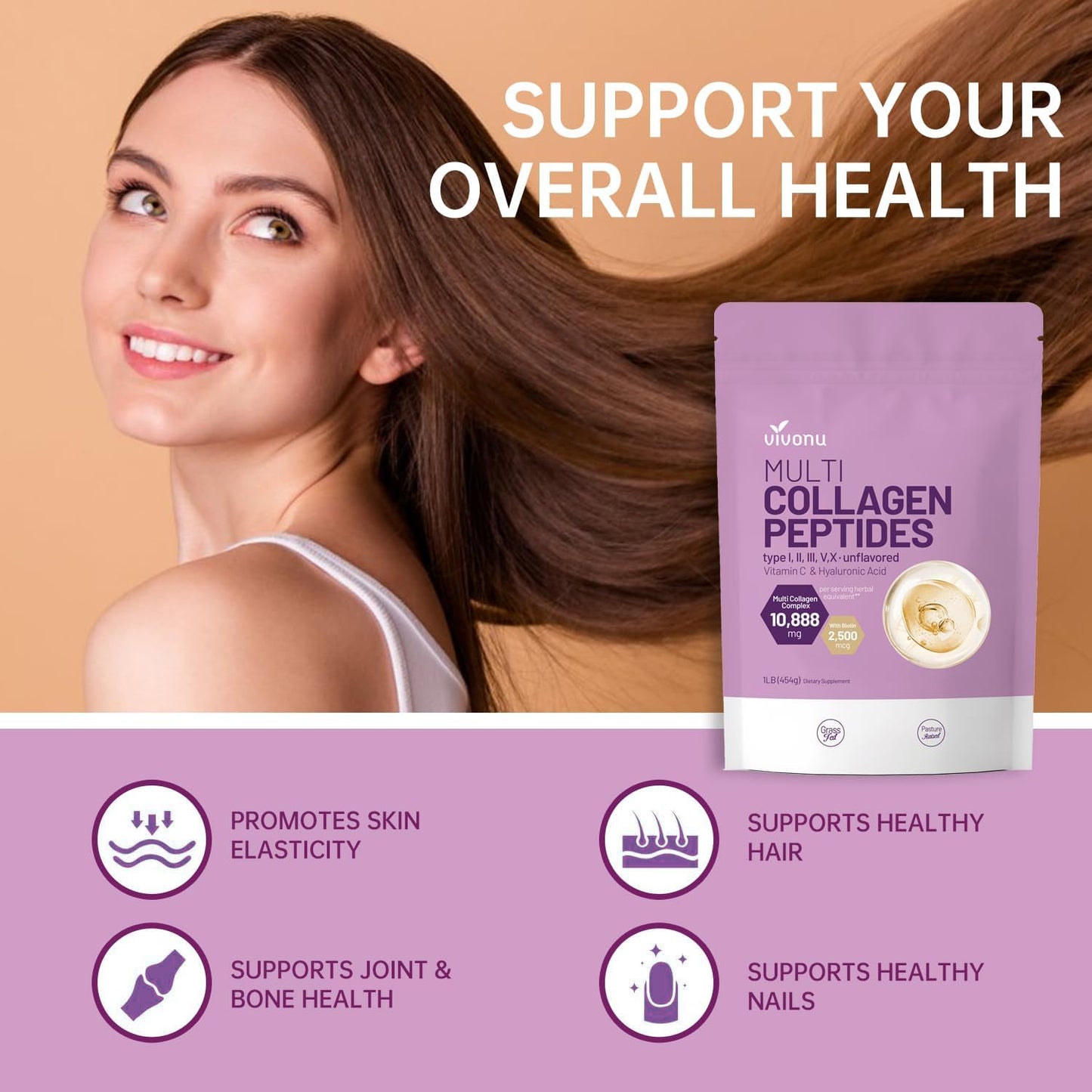 16 Oz VivoNu Multi Collagen Peptides Powder with Hyaluronic Acid, Biotin & Vitamin C - Unflavored Hydrolyzed Protein Peptides Blend for Keto & Paleo Diets - Easy Mix in Drinks - Type I, II, III, V, X - 1LB/1Pack