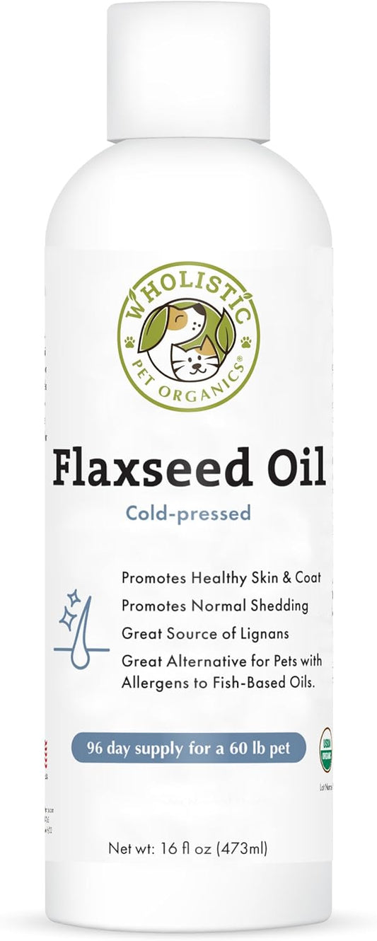 16 Oz Wholistic Pet Organics Flaxseed Oil: Omega 3 Supplement for Dog Skin Relief & Coat Health