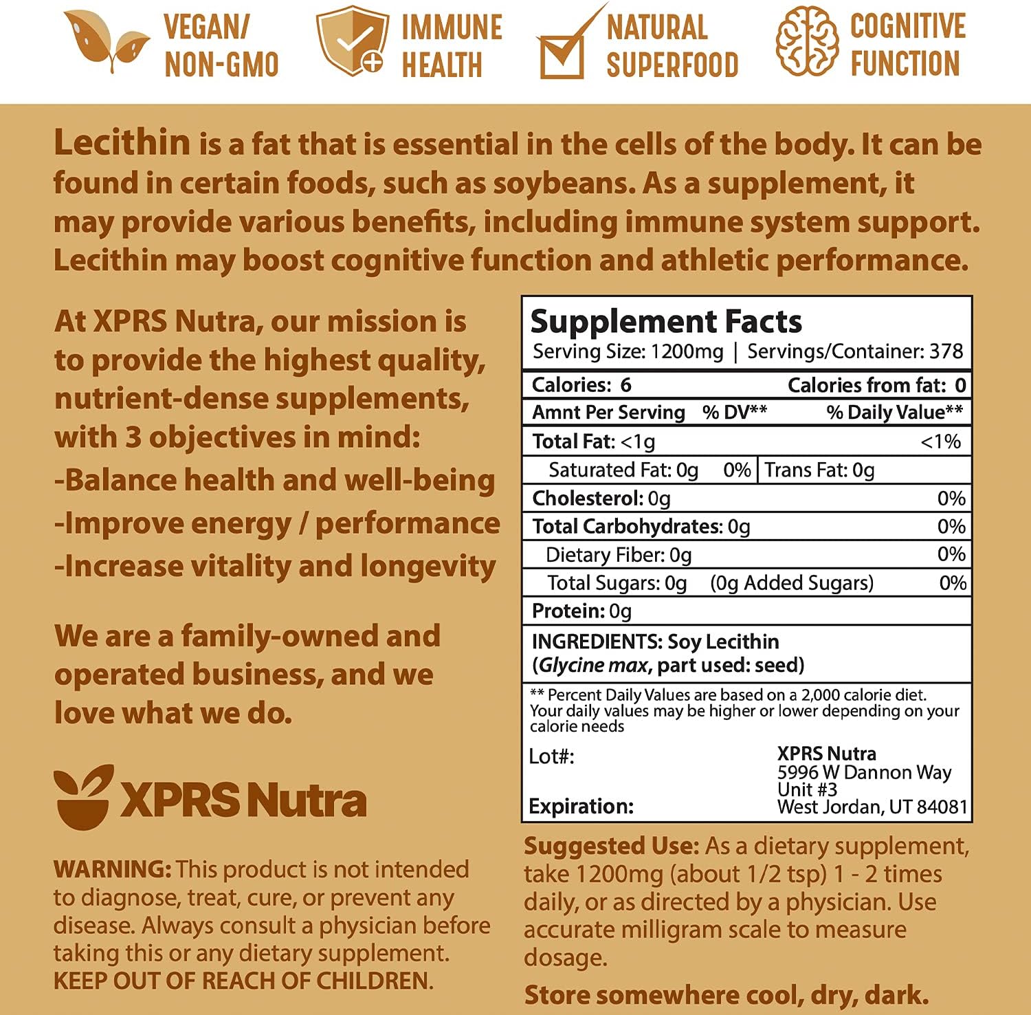 16 oz XPRS Nutra Food Grade Soy Lecithin Powder - Vegan-Friendly Fat Emulsifier for Cooking & Baking