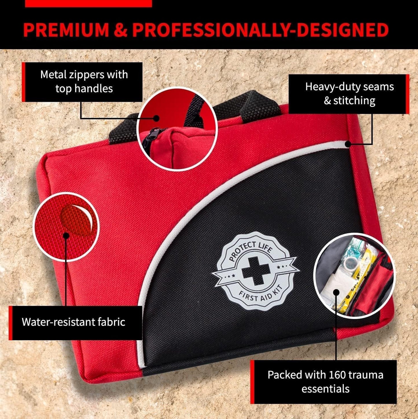 160 Piece Protect Life First Aid Kit for Home, Business, Travel, Camping, Hiking, Car, and Survival - HSA/FSA Eligible