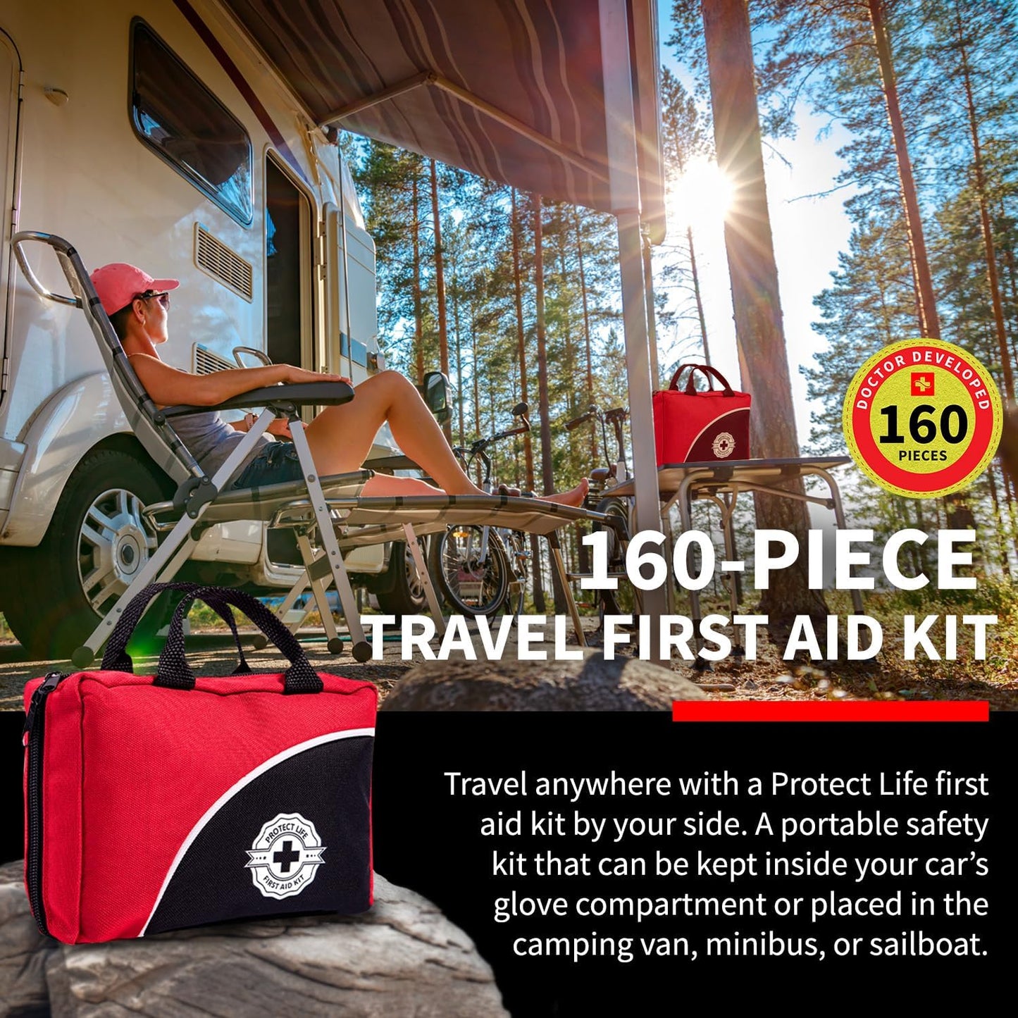 160 Piece Protect Life First Aid Kit for Home, Business, Travel, Camping, Hiking, Car, and Survival - HSA/FSA Eligible