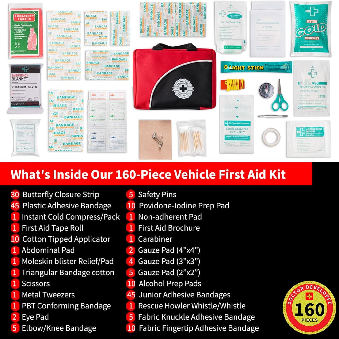 160 Piece Protect Life First Aid Kit for Home, Business, Travel, Camping, Hiking, Car, and Survival - HSA/FSA Eligible