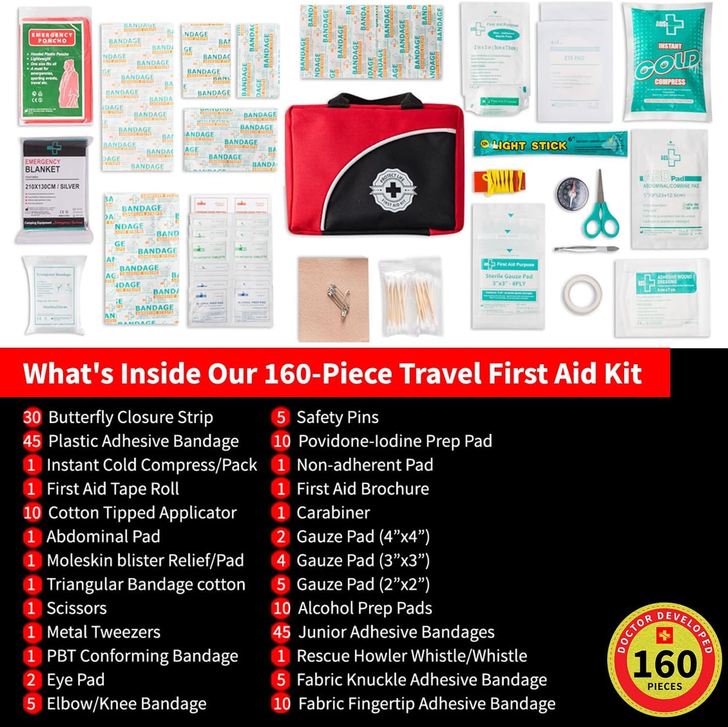 160 Piece Protect Life First Aid Kit for Home, Business, Travel, Camping, Hiking, Car, and Survival - HSA/FSA Eligible