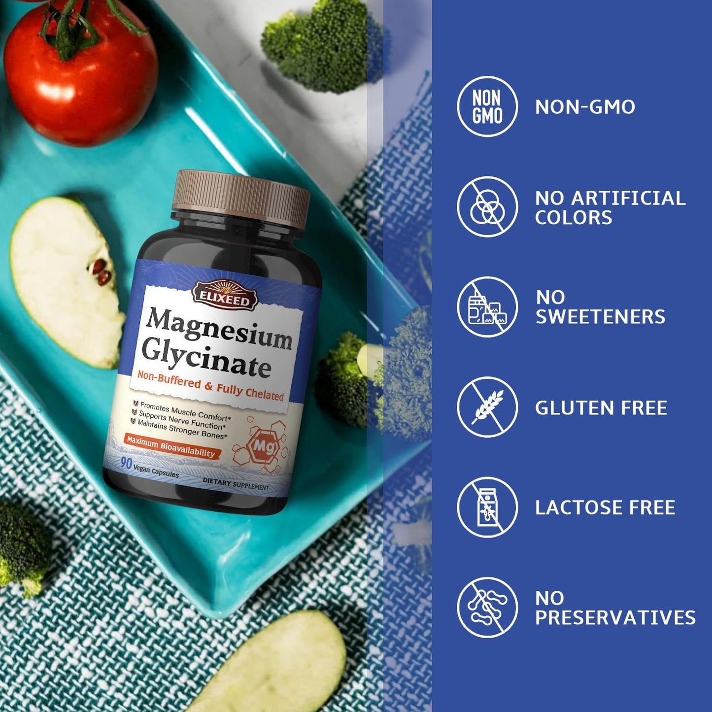 160mg Elixeed Magnesium Glycinate Capsules for Muscle, Bone & Nerve Health - Non-Buffered & Non-GMO - Maximum Bioavailability for Relaxation - 90 Count