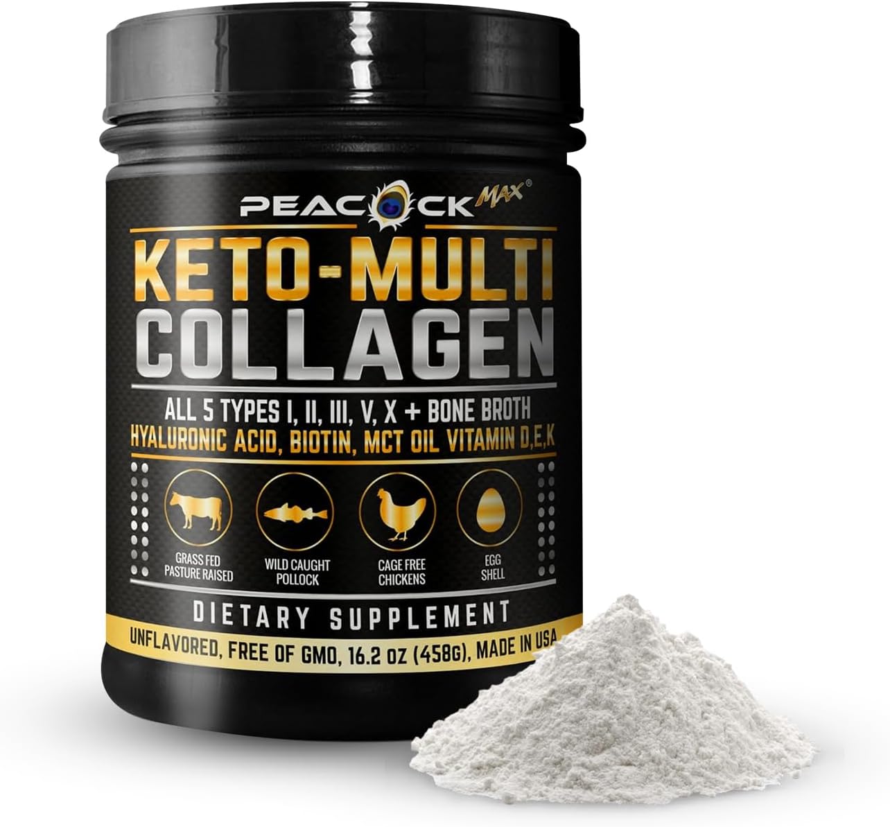 16.2 oz Peacock Max Keto Multi Collagen Peptides - Bone Broth Protein Powder with MCT Oil, Biotin & Electrolytes for Joint, Skin, Hair & Gut Health