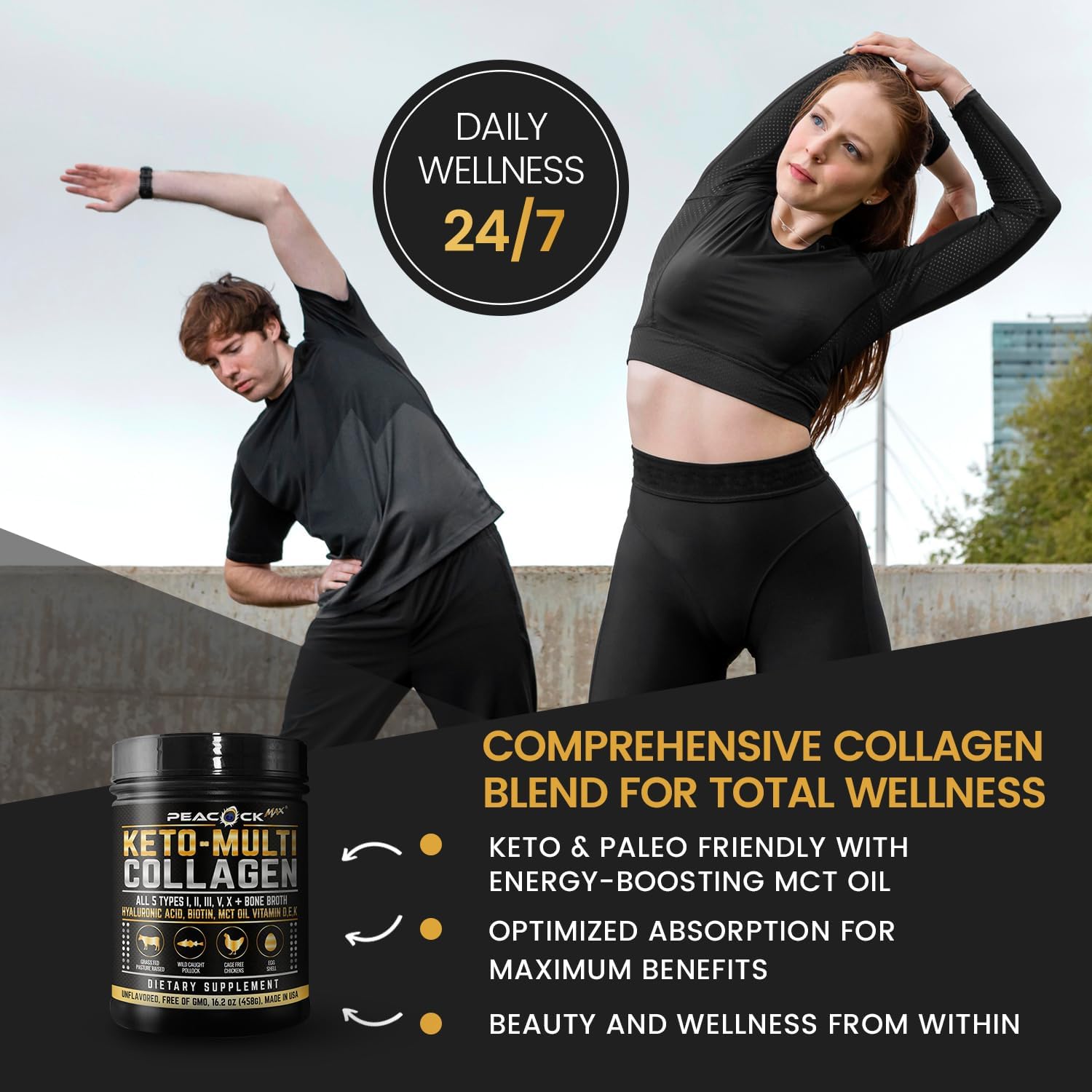 16.2 oz Peacock Max Keto Multi Collagen Peptides - Bone Broth Protein Powder with MCT Oil, Biotin & Electrolytes for Joint, Skin, Hair & Gut Health